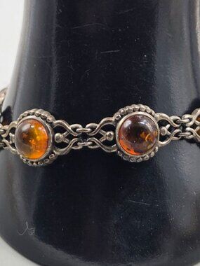VTG Valerio V-8 925 Sterling Silver Baltic Amber Link Bracelet Art Nouveau 7.5"
